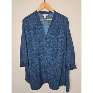 Catherines Blouse 2X Blue Medallion Popover Boho Vibrant Stretch Tunic Top